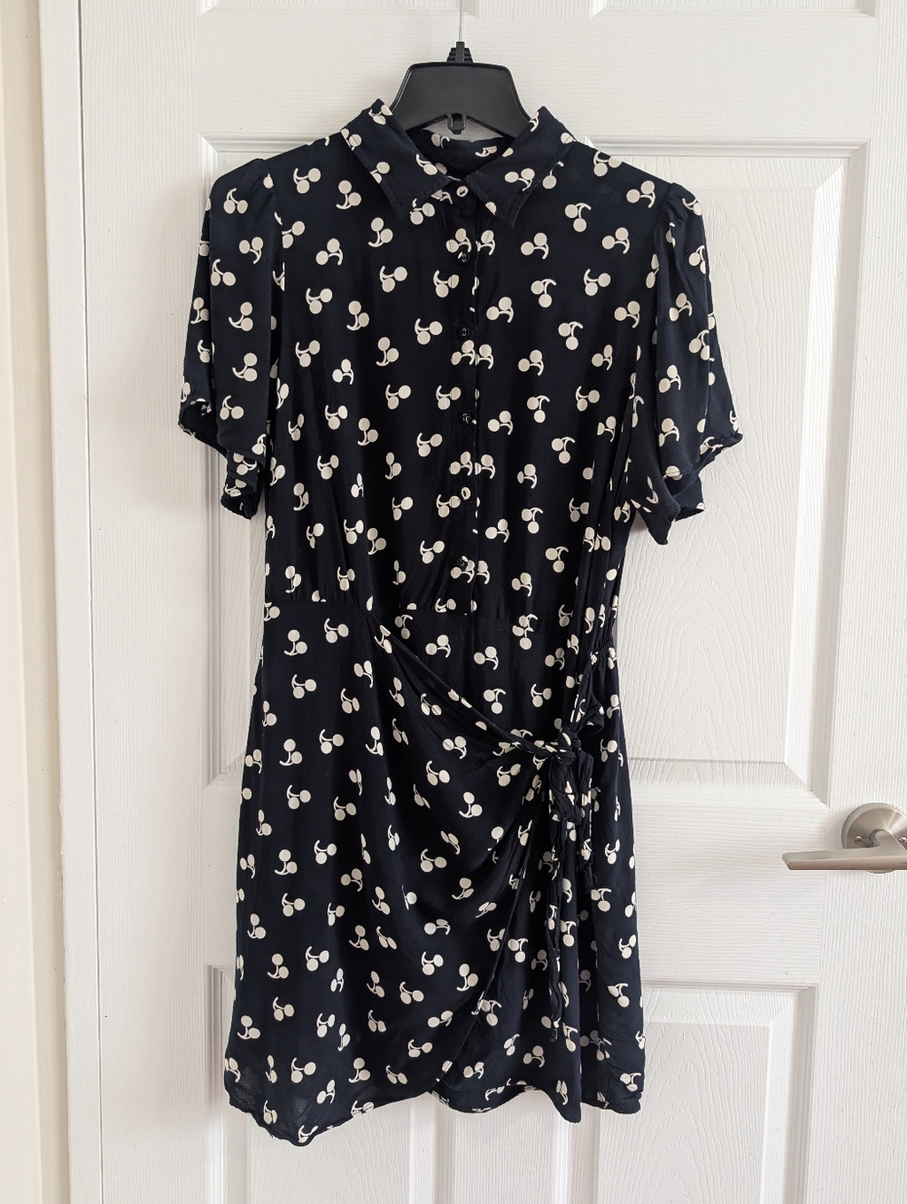 FRNCH Paris Cherry Print Faux Wrap Mini Dress Blue 100% Viscose Retro Chic L